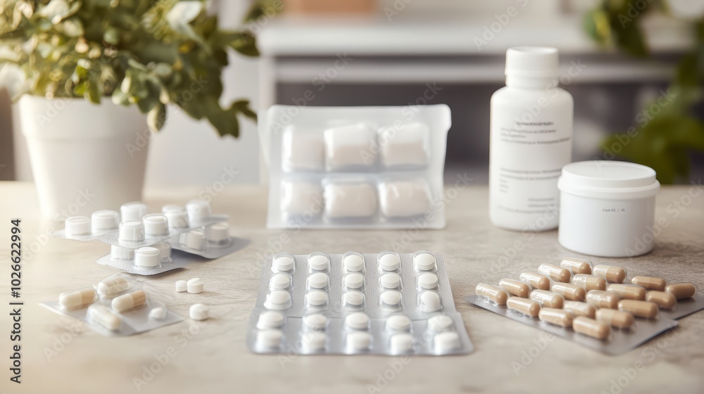 Natural Wellness Essentials: A calming image of a natural supplement routine, featuring various pill bottles, plant extract capsules, and a pouch of supplements. The image evokes feelings of health. Natural Wellness Essentials: A calming image of a natural supplement routine, featuring various pill bottles, plant extract capsules, and a pouch of supplements. The image evokes feelings of health.
