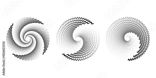 Set of black zigzag dotted lines in vortex form. Geometric art. Halftone dots. Trendy design element for logo, tattoo, sign, symbol, web, prints, posters, social media, template, pattern, background