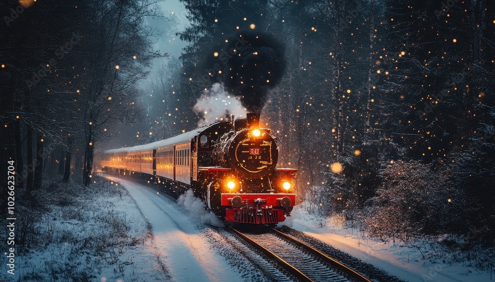 A charming winter express train journey through a snowy forest at Christmas A charming winter express train journey through a snowy forest at Christmas