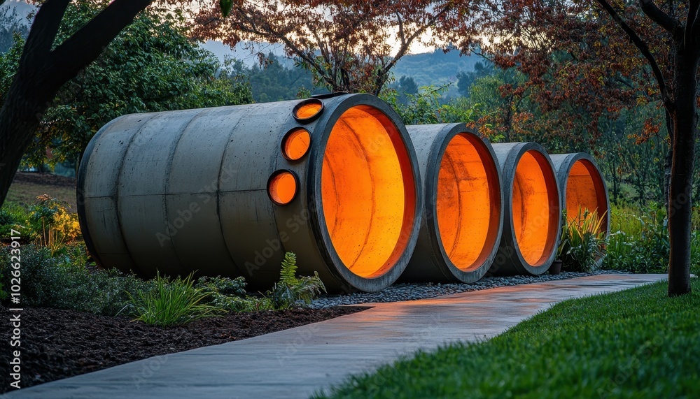 Concrete pipes shine as unique garden features in a peaceful dusk Concrete pipes shine as unique garden features in a peaceful dusk