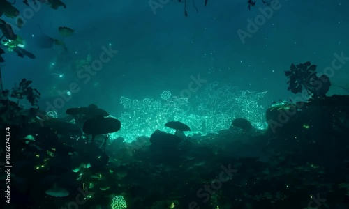 Wallpaper Mural Wide shot with cool, glowing tranquility: The camera starts with a wide view of a majestic jungle at night, where cool, glowing tranquility from the flowers and insects creates a mesmerizing and peace Torontodigital.ca