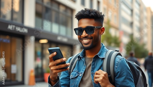 Cool young happy African Black man hipster student or tourist wearing sunglasses and backpack standing on city street