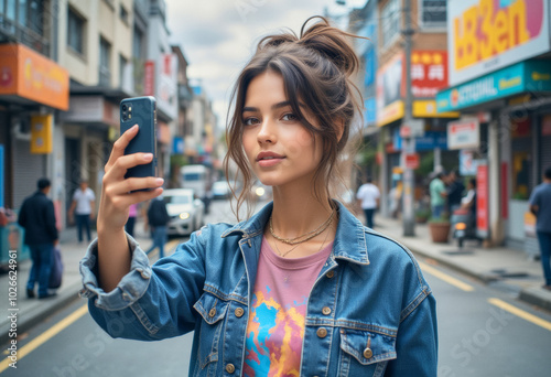 a photo of a blogger influencer geenz, texting on cell phone, taking a photo picture selfie on a mobile phone, young lifestyle tourist 