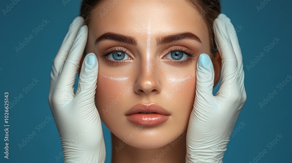 A woman's face with white markings for a cosmetic procedure. A woman's face with white markings for a cosmetic procedure.