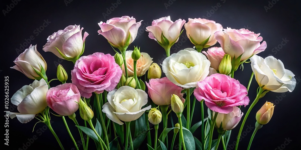 Elegant Eustoma Flowers on Black Background - Perfect for Floral Design and Decorative Use Elegant Eustoma Flowers on Black Background - Perfect for Floral Design and Decorative Use