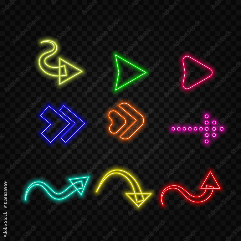 Glowing neon arrow pointer in gold color on a dark brick wall background.11 Glowing neon arrow pointer in gold color on a dark brick wall background.11