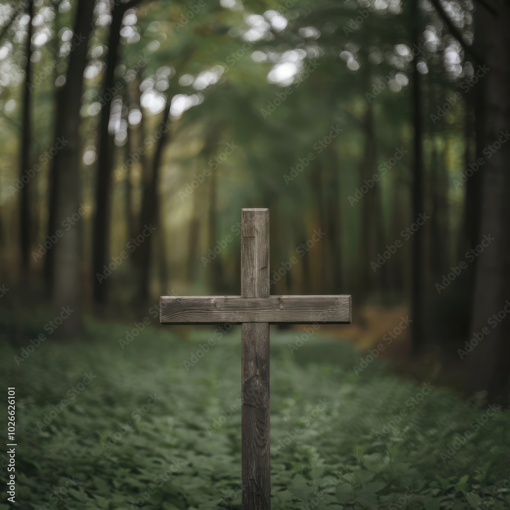 A Wooden Cross Stands in a Serene Forest Surrounded by Lush Green Foliage in the Early Morning Light A Wooden Cross Stands in a Serene Forest Surrounded by Lush Green Foliage in the Early Morning Light
