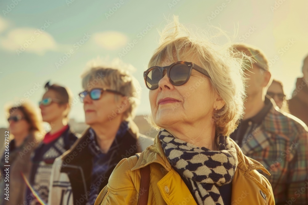 mature woman with group of friends on the background of the city mature woman with group of friends on the background of the city
