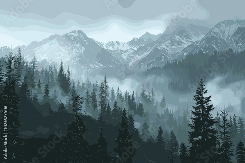 Beautiful morning scene in the mountains. Fog at sunrise. Misty landscape , Fog in the spruce forest in the mountains after the rain