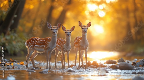 Three Fawn Deer in a Golden Forest photo