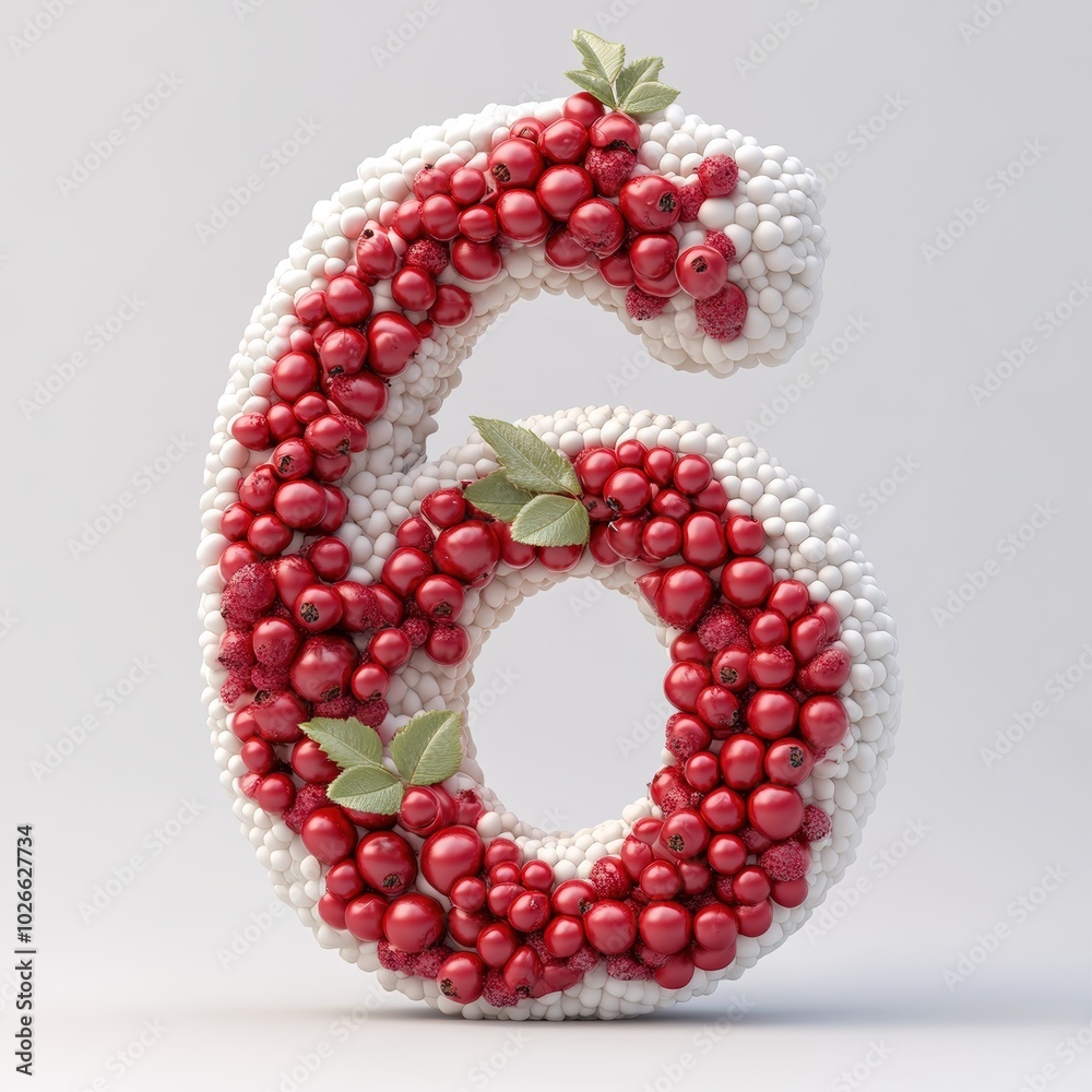 3D number 6 with berries texture realistic modern design, soft lighting, white background 