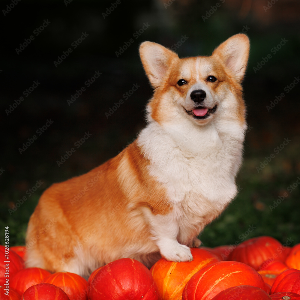 Welsh corgi pembroke with pumpkins Welsh corgi pembroke with pumpkins