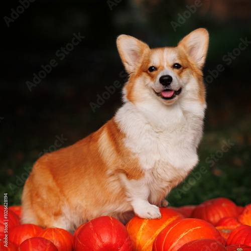 Welsh corgi pembroke with pumpkins