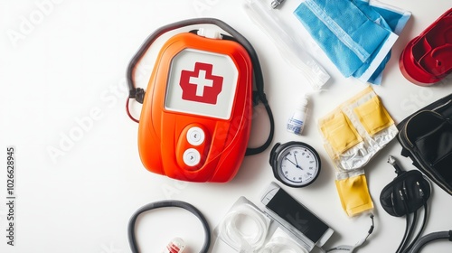 First Aid Essentials: A flat lay composition showcasing a red first aid kit alongside vital medical supplies, emphasizing preparedness and safety. 