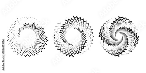 Set of black zigzag dotted lines in vortex form. Geometric art. Halftone dots. Trendy design element for logo, tattoo, sign, symbol, web, prints, posters, social media, template, pattern, background