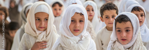 Traditionally Attired Children Practicing Hajj Rituals in Ihram Dress: A Glimpse Into Islamic Practices Among Young Believers photo