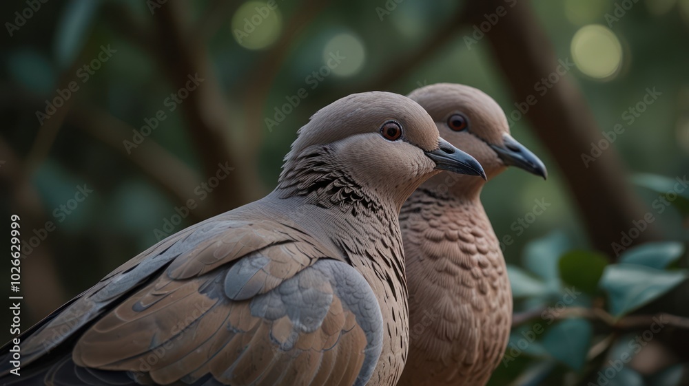 Fototapeta premium Two doves perched on a branch, looking to the right with a blurred green foliage background.