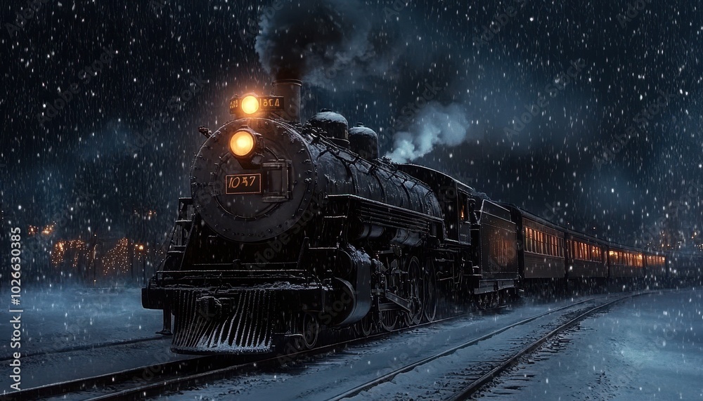 Steam train travels through a snowy night in a winter wonderland landscape Steam train travels through a snowy night in a winter wonderland landscape