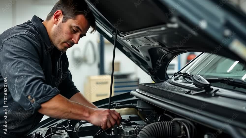 An auto mechanic is hard at work repairing a vehicle, carefully inspecting the engine under the hood in a bustling garage environment, ensuring quality service. An auto mechanic is hard at work repairing a vehicle, carefully inspecting the engine under the hood in a bustling garage environment, ensuring quality service.