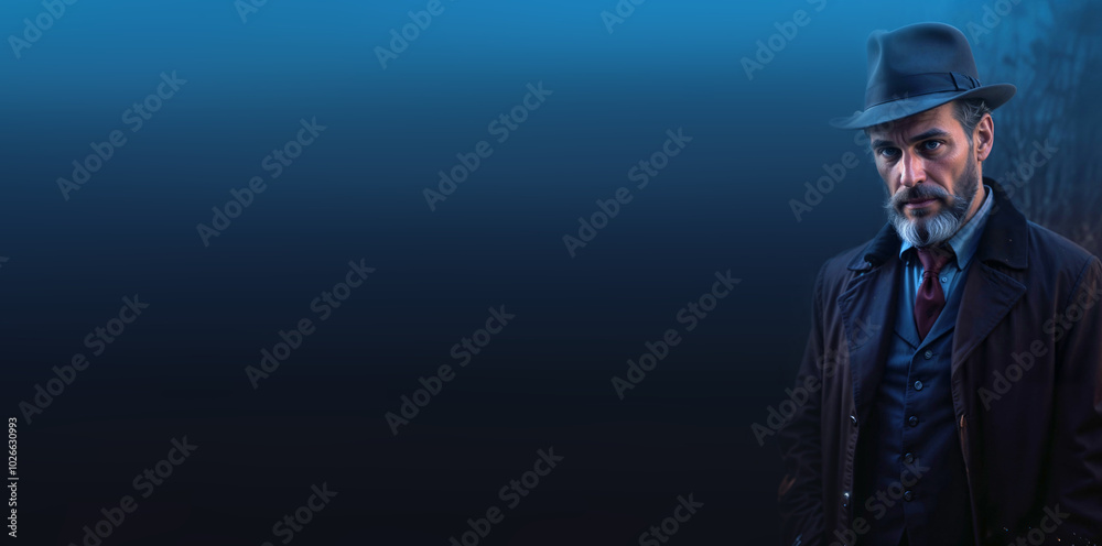 horizontal banner old bearded detective in a hat on a black background at night of cinematic light with empty space for text or design horizontal banner old bearded detective in a hat on a black background at night of cinematic light with empty space for text or design