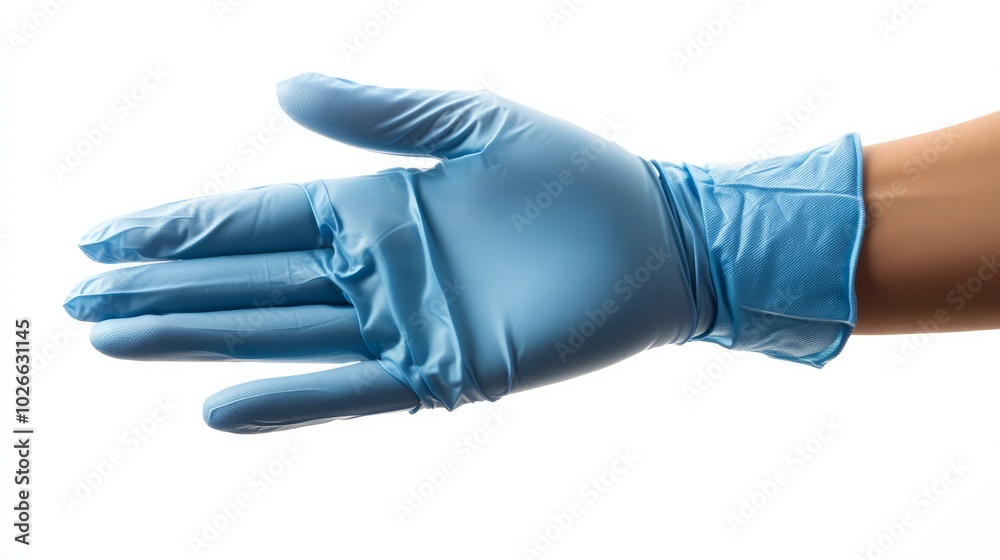 Blue Nitrile Gloves: A close-up photo of a hand wearing blue nitrile gloves, highlighting the textured surface and the protective nature of the gloves. Blue Nitrile Gloves: A close-up photo of a hand wearing blue nitrile gloves, highlighting the textured surface and the protective nature of the gloves.