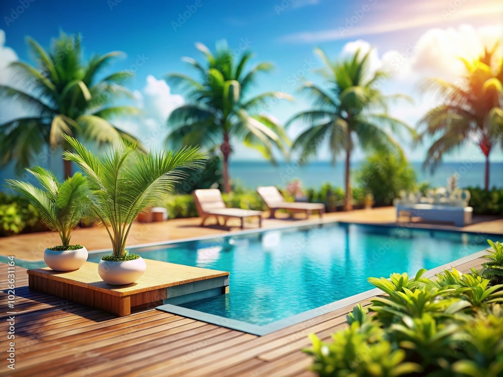 Fototapeta premium Elegant swimming pool shimmering under palm shadows, showcasing a refreshing summer atmosphere. Bright turquoise water reflects the sun, creating a