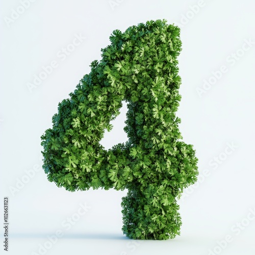 3D number 4 with parsley texture realistic modern design, soft lighting, white background 