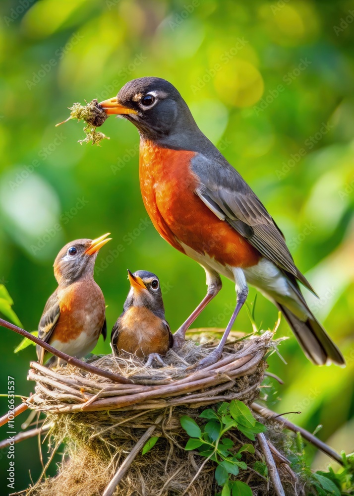 Mother robin feeding two chicks in a lush green garden during spring. Generative AI Mother robin feeding two chicks in a lush green garden during spring. Generative AI