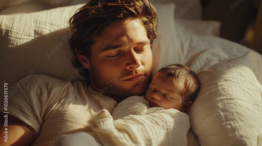 Serene Moment of Father Sleeping with Newborn Baby – Cinematic High-Quality Product Photography Serene Moment of Father Sleeping with Newborn Baby – Cinematic High-Quality Product Photography