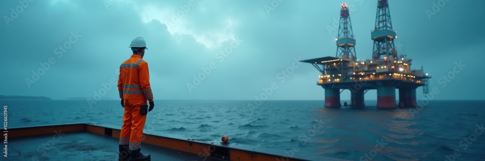 A worker in safety gear observes offshore oil rigs under a dramatic sky, highlighting the energy industry's challenges and responsibilities in a dynamic environment. A worker in safety gear observes offshore oil rigs under a dramatic sky, highlighting the energy industry's challenges and responsibilities in a dynamic environment.