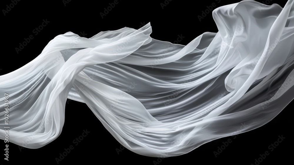 Fototapeta premium A graceful monochrome shot of a person moving through space, with silk fabric trailing behind them in fluid waves, creating an ethereal, dreamlike motion.
