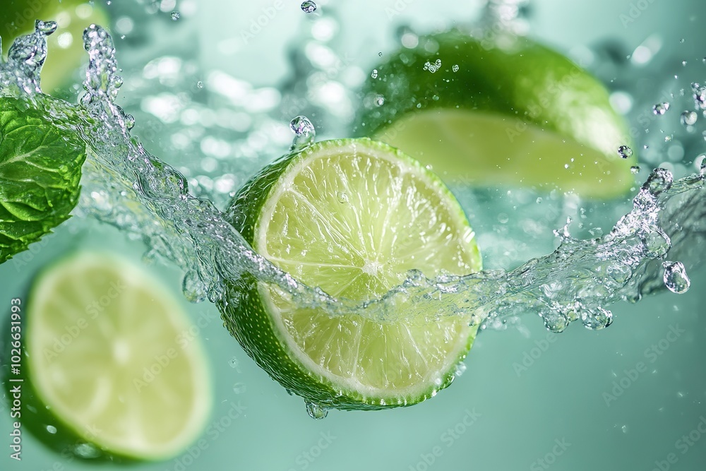 Lime pieces falling into water on green background Lime pieces falling into water on green background