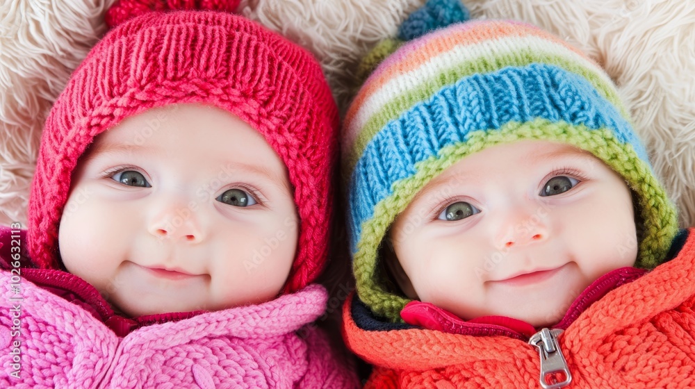 A heartwarming close-up of two babies, dressed in knitted winter hats and sweaters, their bright green eyes shining with curiosity as they smile softly. A heartwarming close-up of two babies, dressed in knitted winter hats and sweaters, their bright green eyes shining with curiosity as they smile softly.