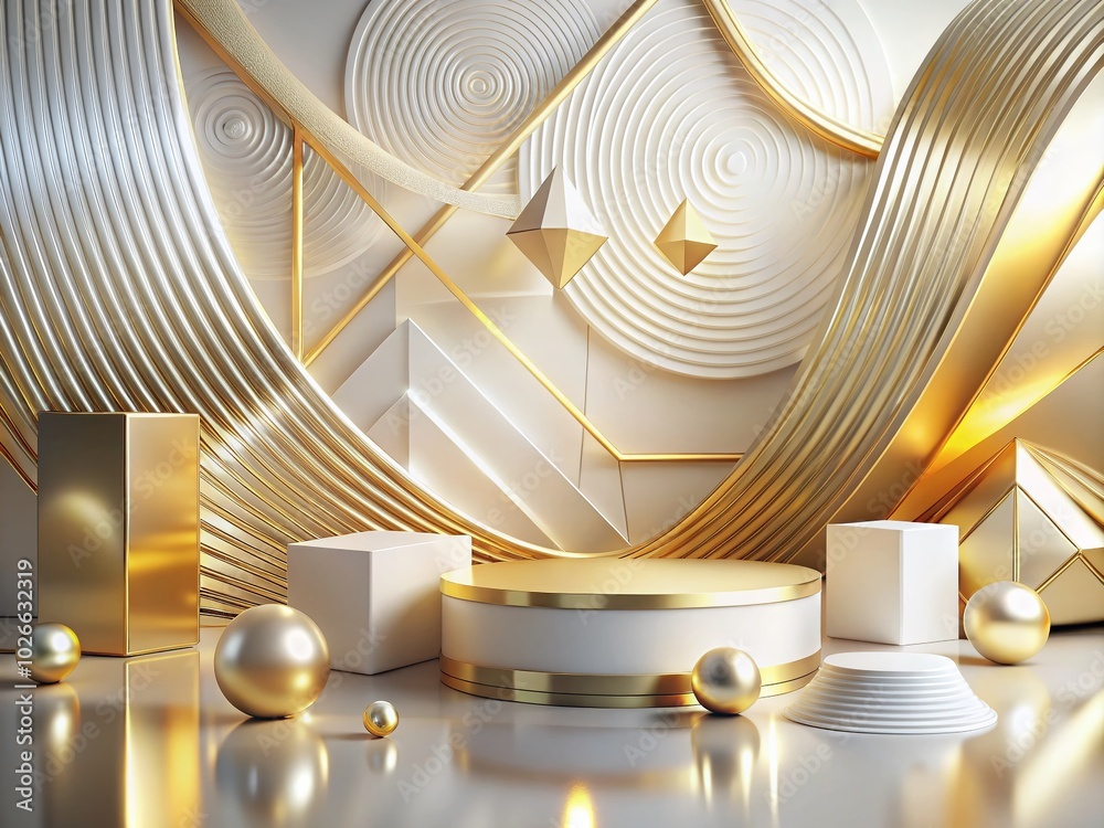 Elegant White and Gold Abstract Background with Futuristic Geometric Shapes for Product Photography Elegant White and Gold Abstract Background with Futuristic Geometric Shapes for Product Photography