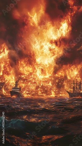 Fiery Underwater Methane Explosion with Ships in Foreground. photo