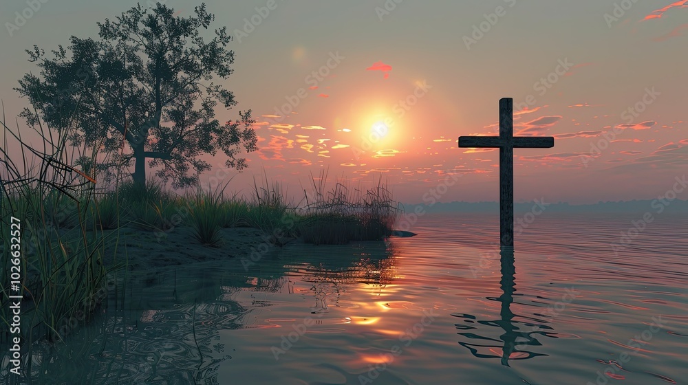 A cross on the water with reflection A cross on the water with reflection