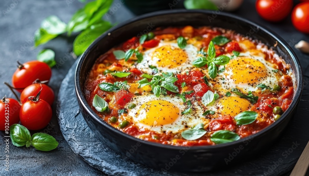 Shakshuka served in a cast iron skillet with fresh herbs and tomatoes Shakshuka served in a cast iron skillet with fresh herbs and tomatoes