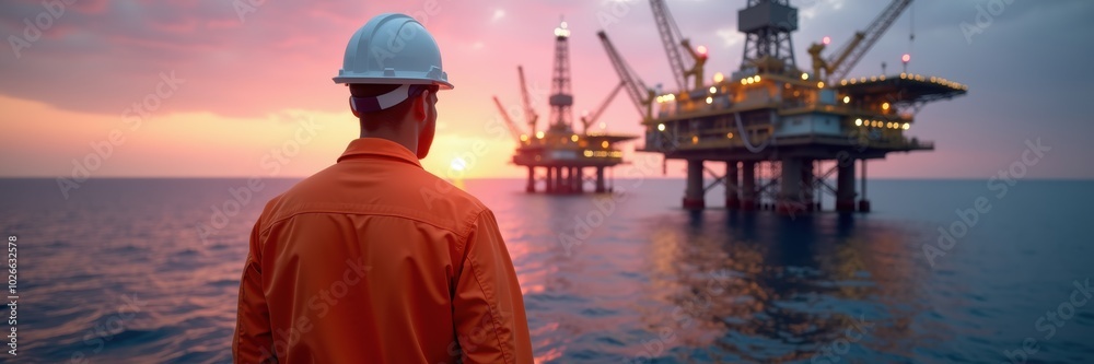 A worker in safety gear gazes at offshore oil rigs during sunset, symbolizing the energy industry and the safety measures in place for coastal operations. A worker in safety gear gazes at offshore oil rigs during sunset, symbolizing the energy industry and the safety measures in place for coastal operations.