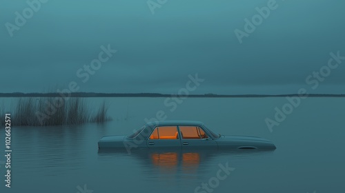 Vintage car submerged in water with glowing interior lights in a surreal scene