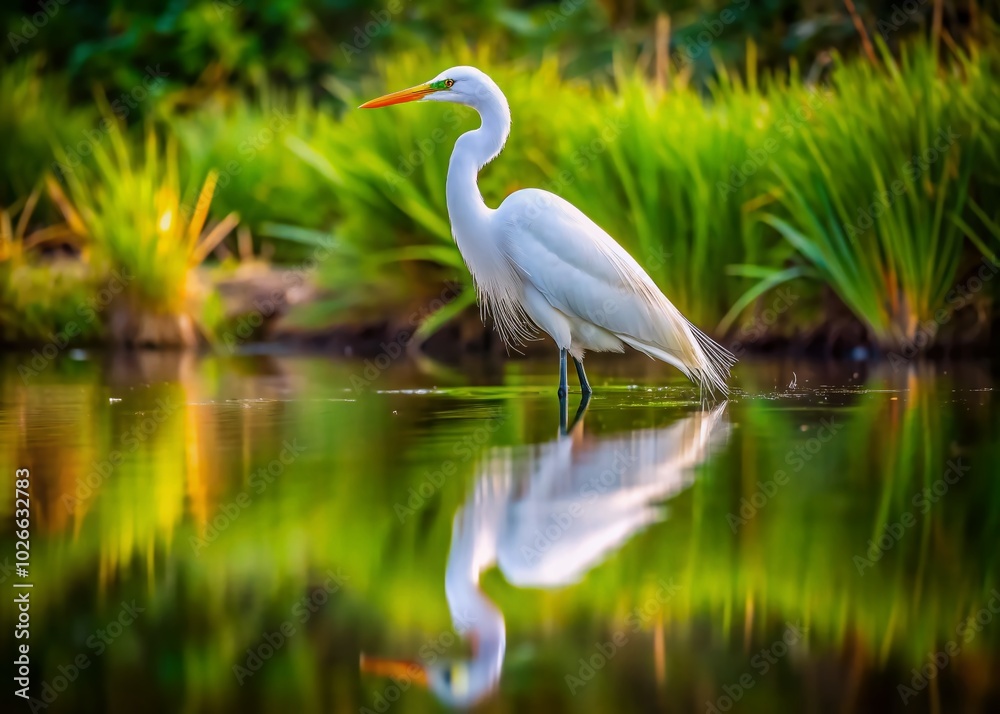 Obraz premium Elegant White Heron Reflecting on Water in Serene Nature Scene