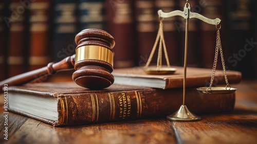 A wooden gavel and scales of justice rest on a stack of law books with a bookshelf in the background. photo