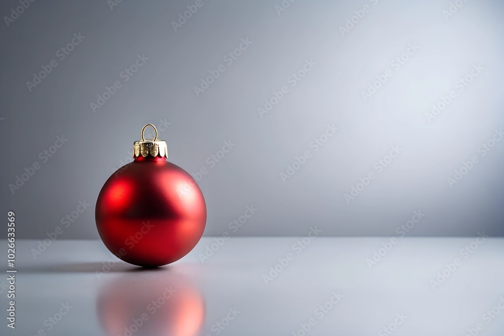 A single red Christmas ornament placed on a smooth grey background with copy space. Great for minimalist holiday cards, invitations, and festive promotions. A single red Christmas ornament placed on a smooth grey background with copy space. Great for minimalist holiday cards, invitations, and festive promotions.