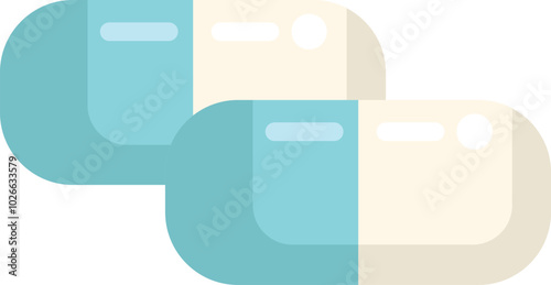 Two medicine capsules are overlapping in this illustration representing concepts of healthcare, pharmaceuticals, and medicine