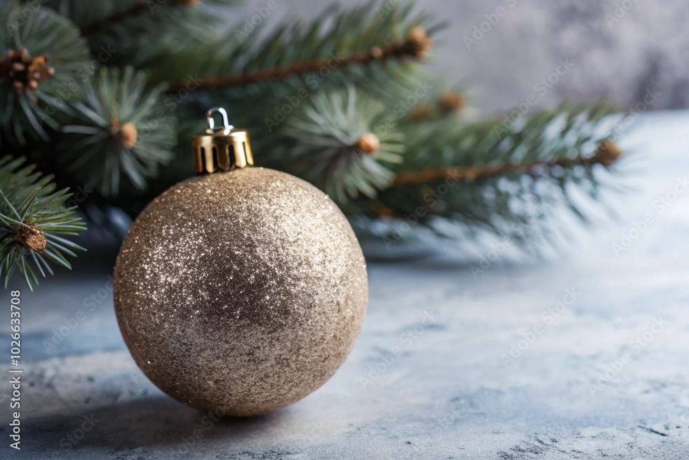 Gold glittery Christmas ball placed near pine branches on a rustic background. Classic and elegant holiday decor. Copy space available. Gold glittery Christmas ball placed near pine branches on a rustic background. Classic and elegant holiday decor. Copy space available.