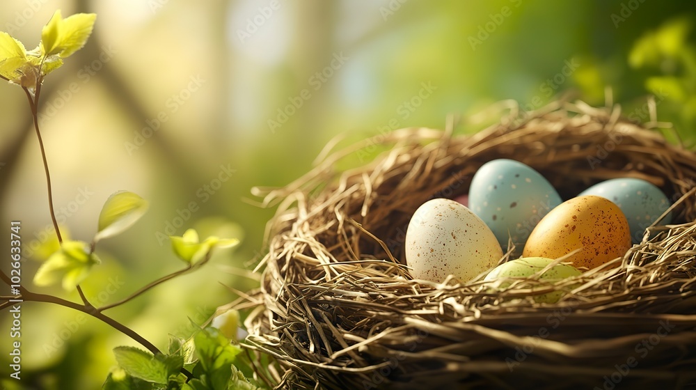 A close-up of a basket full of Easter eggs nestled in soft straw, with a background of spring greenery A close-up of a basket full of Easter eggs nestled in soft straw, with a background of spring greenery