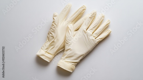 Smooth and Sleek: A pair of ivory-colored gloves laid out on a flat surface, showcasing their delicate texture and elegant design. 