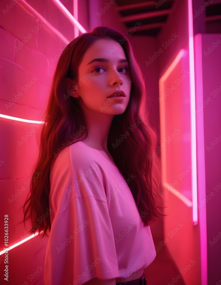 A young Caucasian woman with long brown hair, wearing a white shirt , standing in front of a pink neon light background A young Caucasian woman with long brown hair, wearing a white shirt , standing in front of a pink neon light background