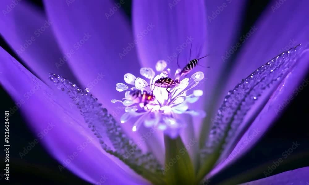 Close-up shot with vibrant, pulsating light: The camera starts with a close-up of a radiant, glowing flower with bioluminescent insects around it. Vibrant, pulsating light highlights the flower’s intr