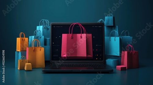 A laptop with a shopping bag on the screen surrounded by other shopping bags in various colors.