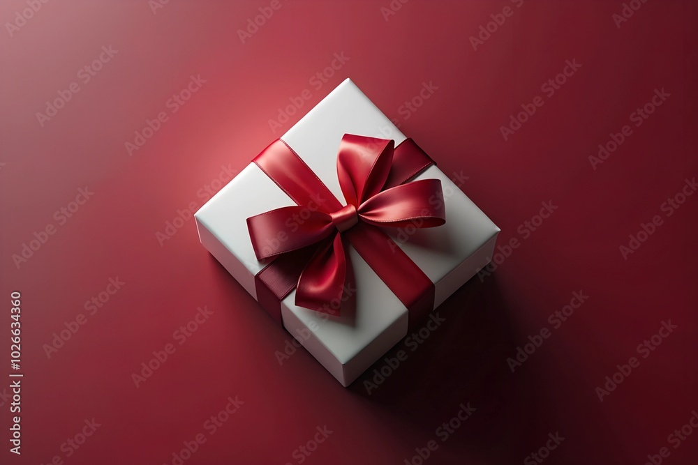 A minimalistic white gift box tied with a red ribbon, set against a solid red background. Perfect for holiday promotions or Christmas gift presentations with available copy space. A minimalistic white gift box tied with a red ribbon, set against a solid red background. Perfect for holiday promotions or Christmas gift presentations with available copy space.